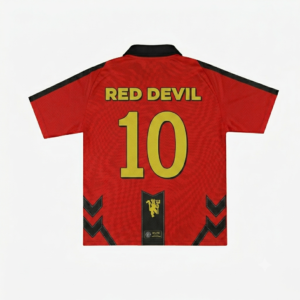 RWP Red Devil red football jersey with black polo collar, breathable quick-dry polyester fabric, customizable player name and number, designed for football clubs, training sessions, tournaments, and match-day performance.