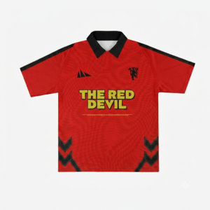 RWP Red Devil red football jersey with black polo collar, breathable quick-dry polyester fabric, customizable player name and number, designed for football clubs, training sessions, tournaments, and match-day performance.