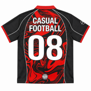 RWP Casual Football Performance Jersey in red and black with sublimated marble graphics, breathable quick-dry polyester fabric, customizable player number and name, ideal for football clubs, training, tournaments, and team uniforms.
