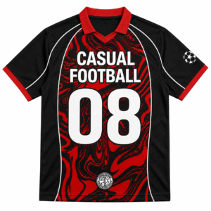 RWP Casual Football Performance Jersey in red and black with sublimated marble graphics, breathable quick-dry polyester fabric, customizable player number and name, ideal for football clubs, training, tournaments, and team uniforms.