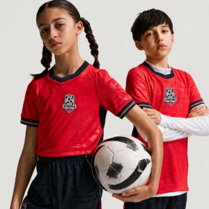 RWP youth red and black football jersey set with matching shorts, breathable quick-dry polyester fabric, customizable player name and number, designed for kids' football teams and training.