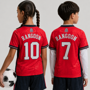 RWP youth red and black football jersey set with matching shorts, breathable quick-dry polyester fabric, customizable player name and number, designed for kids' football teams and training.