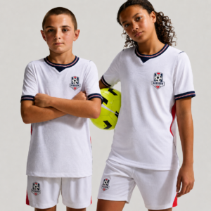 RWP white youth football jersey set with matching shorts, breathable quick-dry polyester fabric, customizable player name and number, designed for youth football teams, schools, and academies.