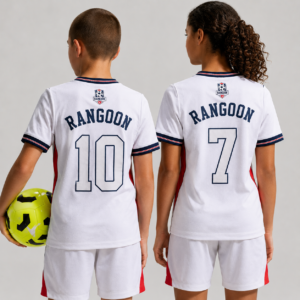 RWP white youth football jersey set with matching shorts, breathable quick-dry polyester fabric, customizable player name and number, designed for youth football teams, schools, and academies.