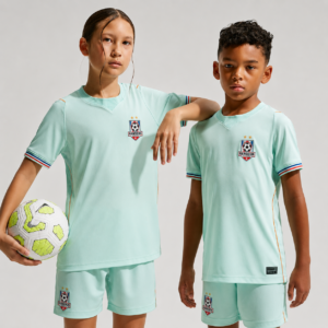 RWP mint green youth football jersey set with matching shorts, breathable quick-dry polyester fabric, customizable player names and numbers, ideal for football clubs, schools, academies, and tournaments.