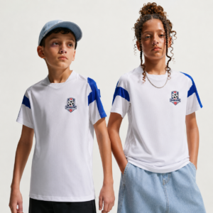 RWP white youth football jersey with royal blue shoulder panels, lightweight breathable polyester performance fabric, customizable player names and numbers, ideal for football clubs, schools, academies, and training sessions.