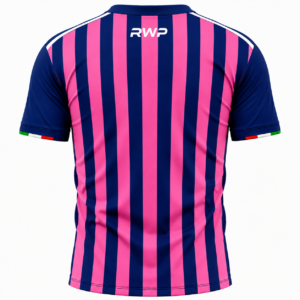 Front and back view of the RWP pink and navy blue striped football jersey made from premium polyester with sublimated printing.