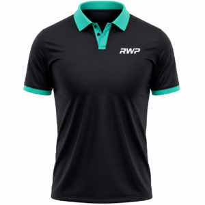 RWP Black Performance Polo Shirt Front View with Turquoise Collar and Sleeve Cuffs