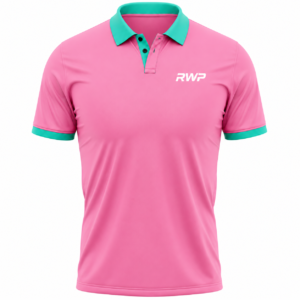 RWP Pink Performance Polo Shirt Front View with Turquoise Collar and Sleeve Cuffs