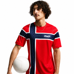 RWP Red football jersey with Nordic cross design in navy blue and white outline