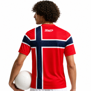 RWP Red football jersey with Nordic cross design in navy blue and white outline