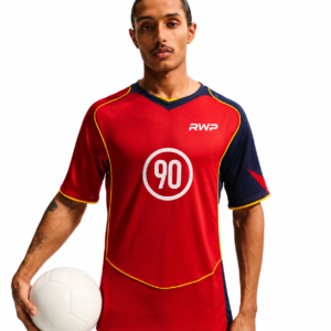 Red performance football jersey RWP 90 edition with navy sleeves and athletic fit