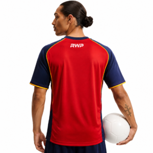 Red performance football jersey RWP 90 edition with navy sleeves and athletic fit