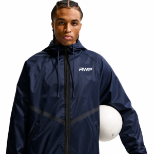 RWP navy blue elite performance windbreaker jacket with lightweight waterproof fabric, full zip closure, hood, and athletic fit for football, running, and outdoor sports.