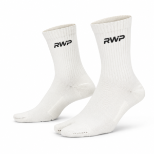 RWP classic white crew socks made with breathable cotton blend, cushioned sole, ribbed stretch fit, and reinforced durability for sports and everyday comfort.