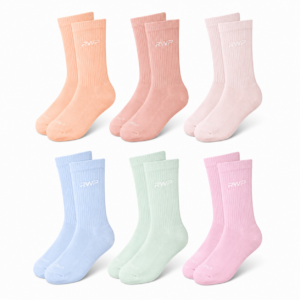 RWP pastel color crew socks pack with breathable cotton blend, ribbed stretch design, cushioned comfort, and athletic performance fit for sports and daily wear.