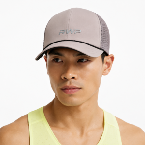 RWP performance sports caps featuring classic white structured cap and beige mesh trucker cap with adjustable fit, breathable fabric, and embroidered logo for sports and outdoor use.