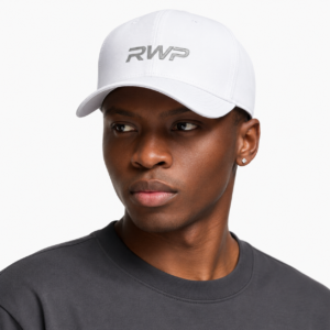 RWP performance sports caps featuring classic white structured cap and beige mesh trucker cap with adjustable fit, breathable fabric, and embroidered logo for sports and outdoor use.