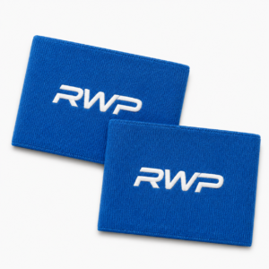 RWP blue performance wrist sweatbands made with soft terry cotton blend, high elasticity, and embroidered logo for sweat absorption during gym and sports training.