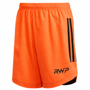 RWP Orange Performance Football Shorts with breathable polyester fabric, elastic waistband, and black stripe detailing for professional sports and training.