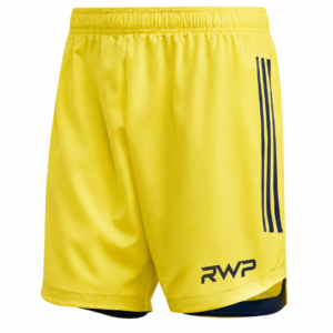RWP Orange Performance Football Shorts with breathable polyester fabric, elastic waistband, and black stripe detailing for professional sports and training.