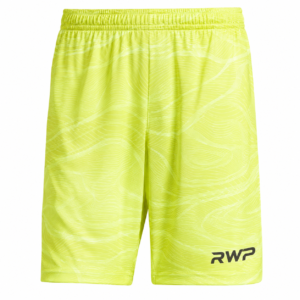 RWP Elite Neon Yellow Football Shorts with topographic sublimation pattern, breathable polyester fabric, elastic waistband, and moisture-wicking technology for sports and training.