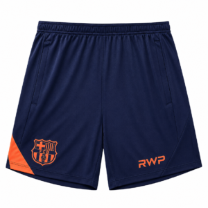 RWP Navy Blue Performance Football Shorts with orange contrast panels, breathable polyester fabric, elastic waistband, and side zip pockets for football training and sports activities.