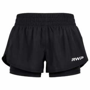 RWP Women's Black 2-in-1 Running Shorts with built-in compression liner, quick-dry breathable fabric, elastic waistband, and athletic fit for running, gym, yoga, and fitness training.