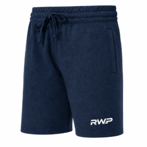 RWP navy blue men’s performance training shorts with elastic waistband, drawstring, breathable polyester fabric, and athletic fit for gym and sports training.