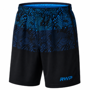 RWP blue patterned football training shorts with black base, breathable polyester fabric, elastic waistband, and modern athletic performance design for sports and fitness.