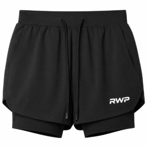 RWP Women's Black 2-in-1 Running Shorts with built-in compression liner, quick-dry breathable fabric, elastic waistband, and athletic fit for running, gym, yoga, and fitness training.
