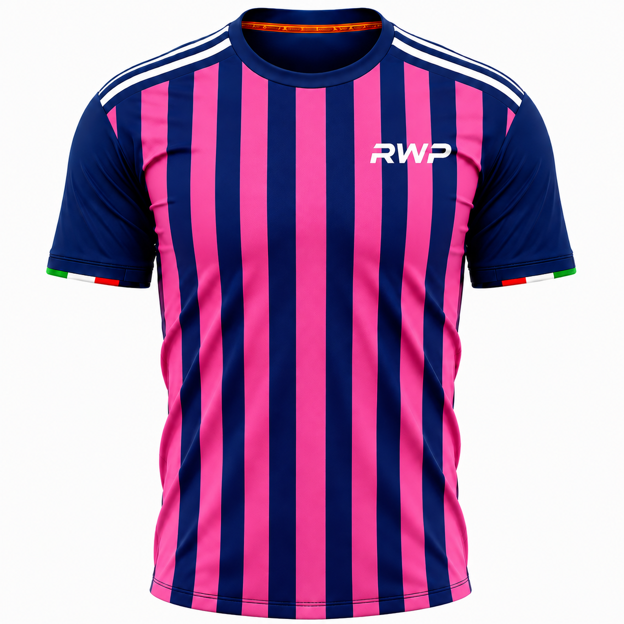 RWP custom pink and navy striped soccer jersey front view