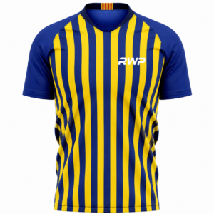RWP yellow and navy striped custom soccer jersey front view