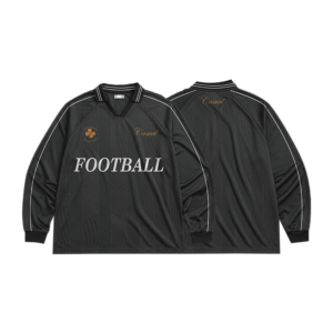 Casual Retro Black Long-Sleeve Football Jersey Shirt with Striped Polo Collar