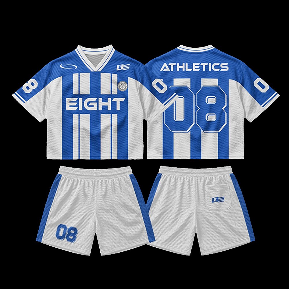 Eight Athletics #08 Retro Striped Cropped Football Jersey & Mesh Shorts Set - Image 4