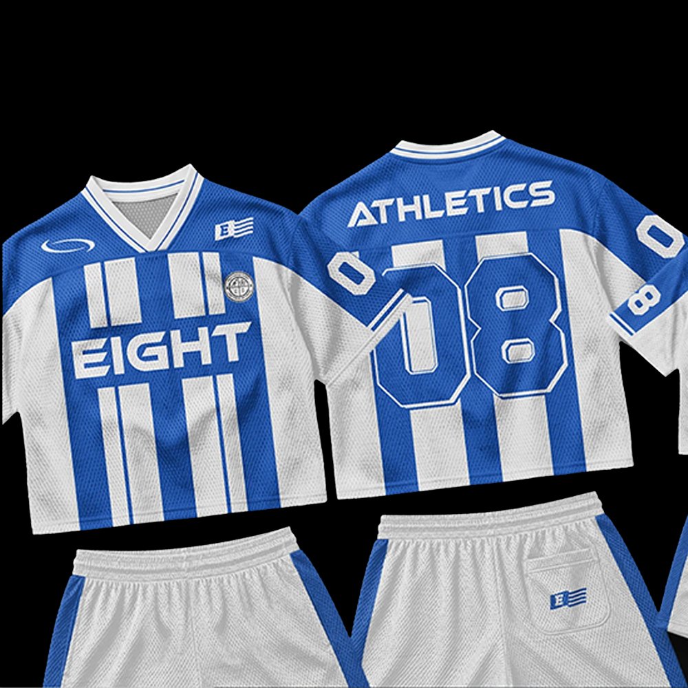 Eight Athletics #08 Retro Striped Cropped Football Jersey & Mesh Shorts Set - Image 3