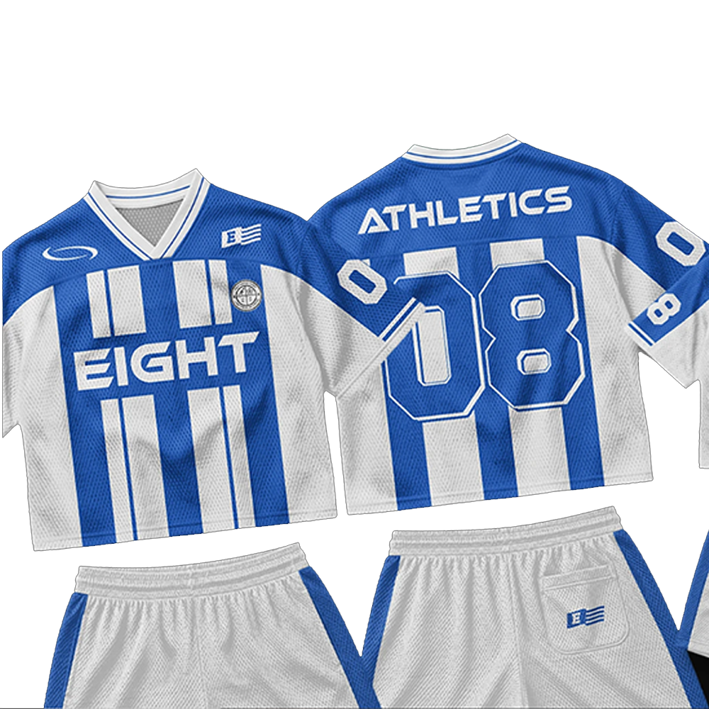 Eight Athletics #08 Retro Striped Cropped Football Jersey & Mesh Shorts Set - Image 2