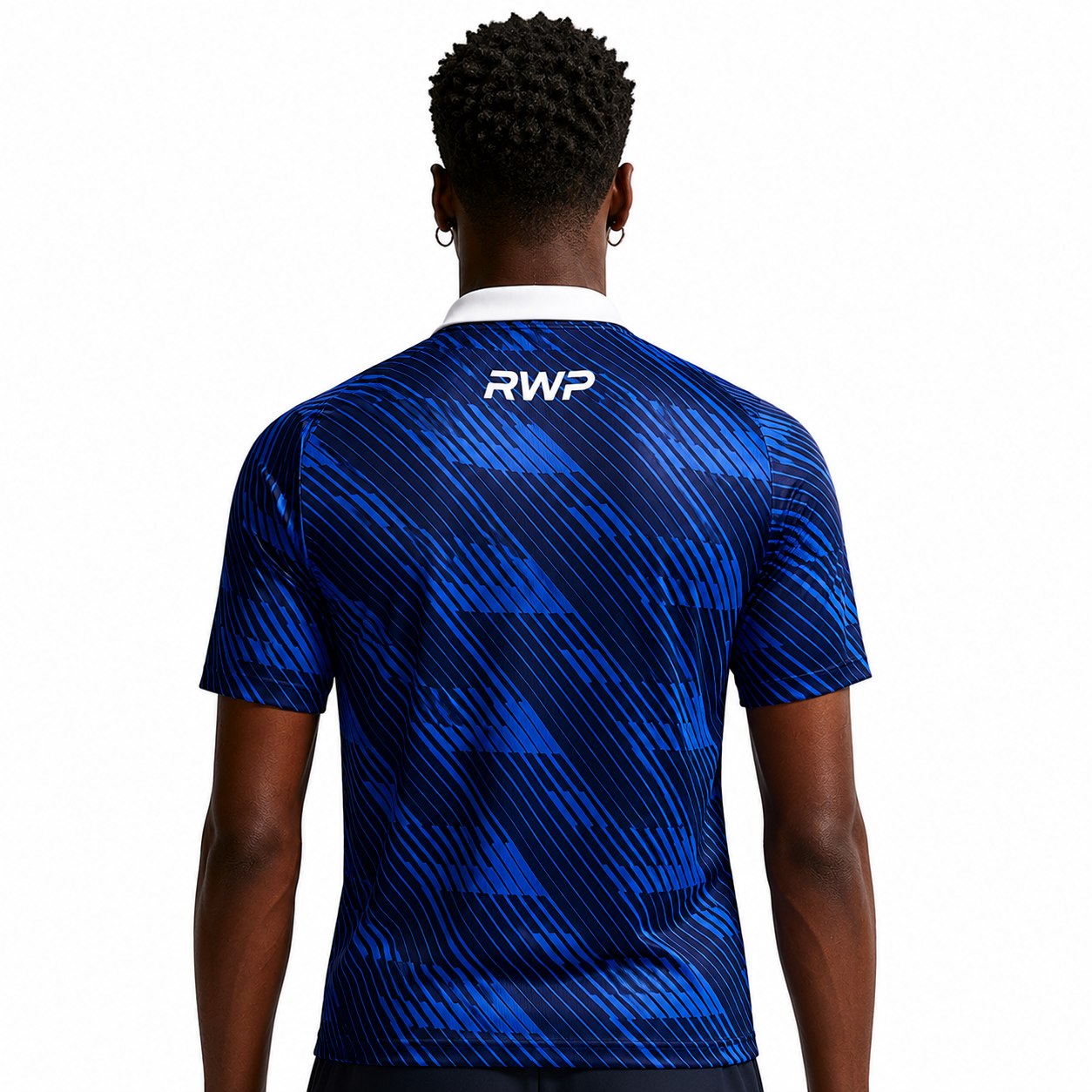 RWP blue performance polo shirt with striped pattern and white collar