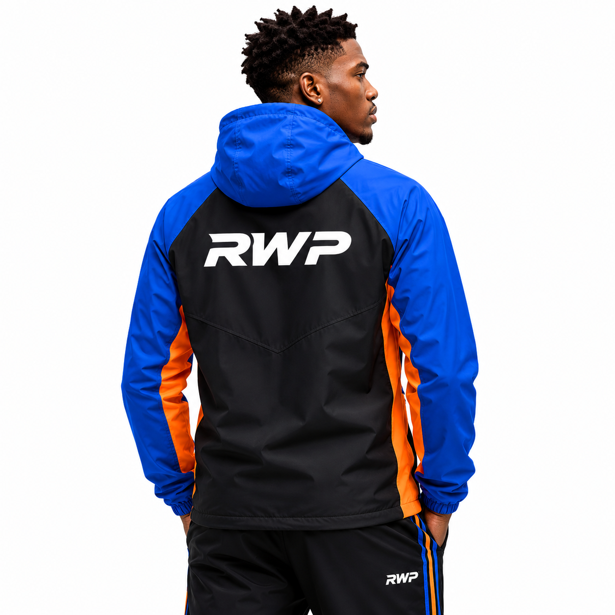 RWP Retro Color Block Football Windbreaker Jacket | Royal Blue & Black - Image 2